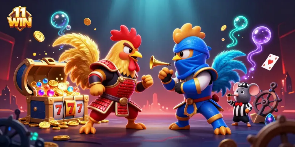 Engage with 11 WIN's thrilling casino energy featuring samurai and ninja in an action-packed digital illustration.