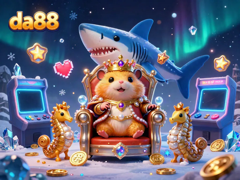 Engage with exhilarating gaming at da88 featuring a golden hamster king and arcade elements in a vibrant casino scene.