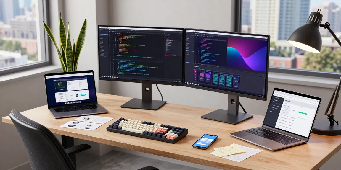快连 - Developer in a modern workspace coding on dual monitors with vibrant UI designs and tech elements.