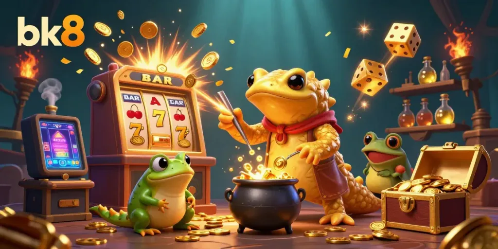 Experience the vibrant action of bk8 with a 3D golden salamander alchemist and casino elements generating excitement.
