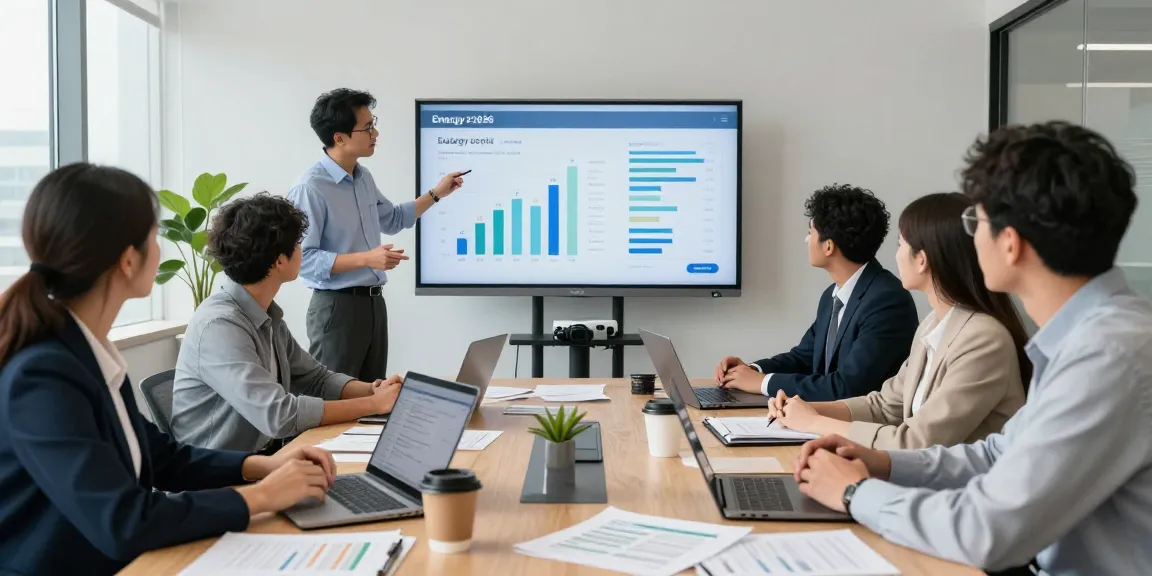 Team engaged in a business energy comparison UK 2026 discussion with charts and data in a modern office.