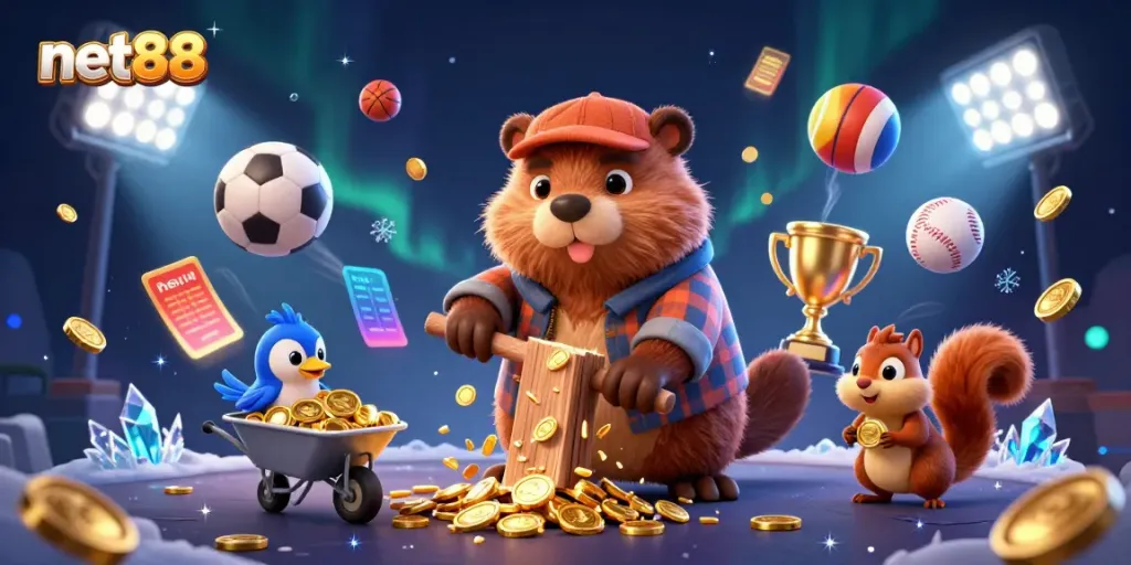 Experience net88's vibrant gaming world with a 3D illustration of a beaver collecting golden coins, sports elements, and dynamic action.