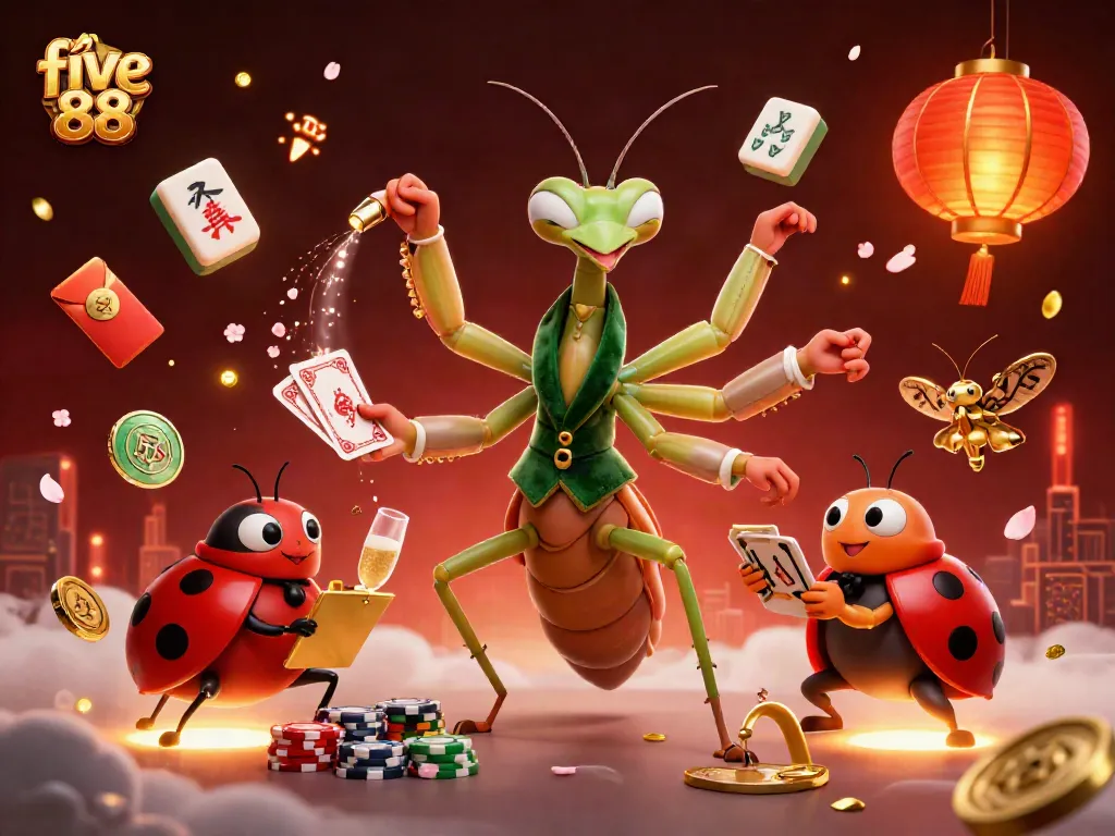 Engage with the vibrant atmosphere of five 88 casino as the giant mantis deals cards amid golden mahjong tiles and lucky charms.