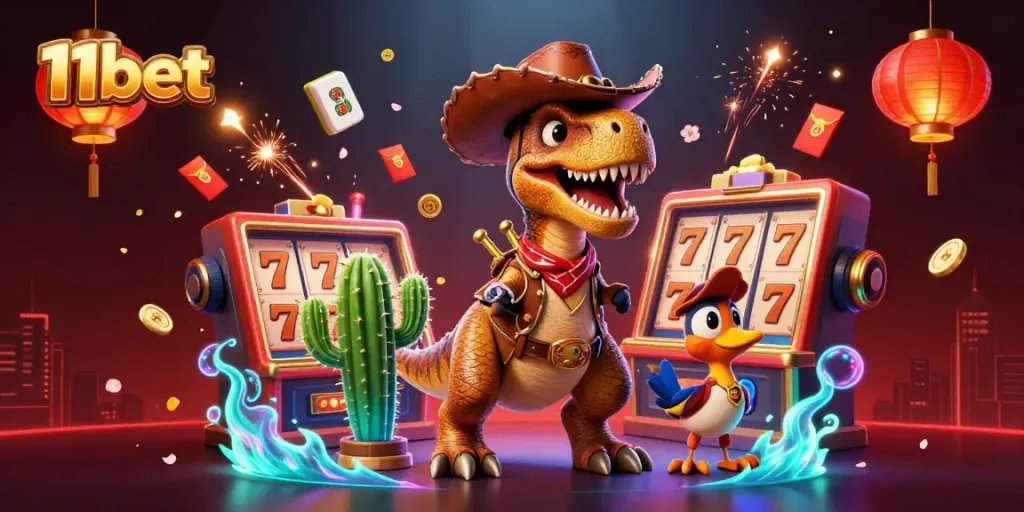 11bet engages players with a vibrant 3D casino scene filled with lucky symbols and colorful characters.