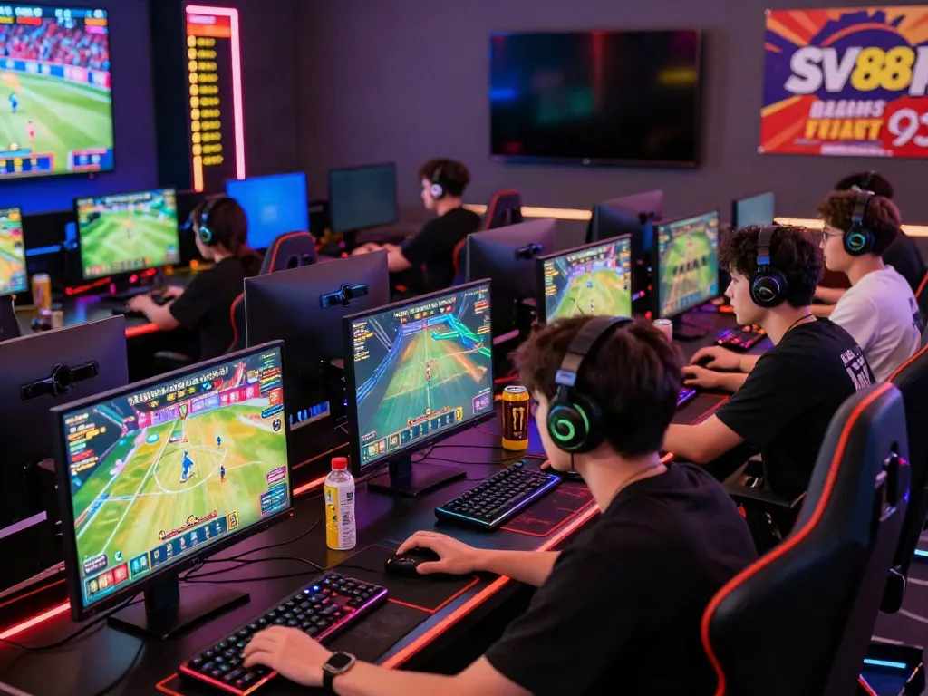 Online gaming scene with players at computers enjoying SV88's thrilling casino games and live sports.