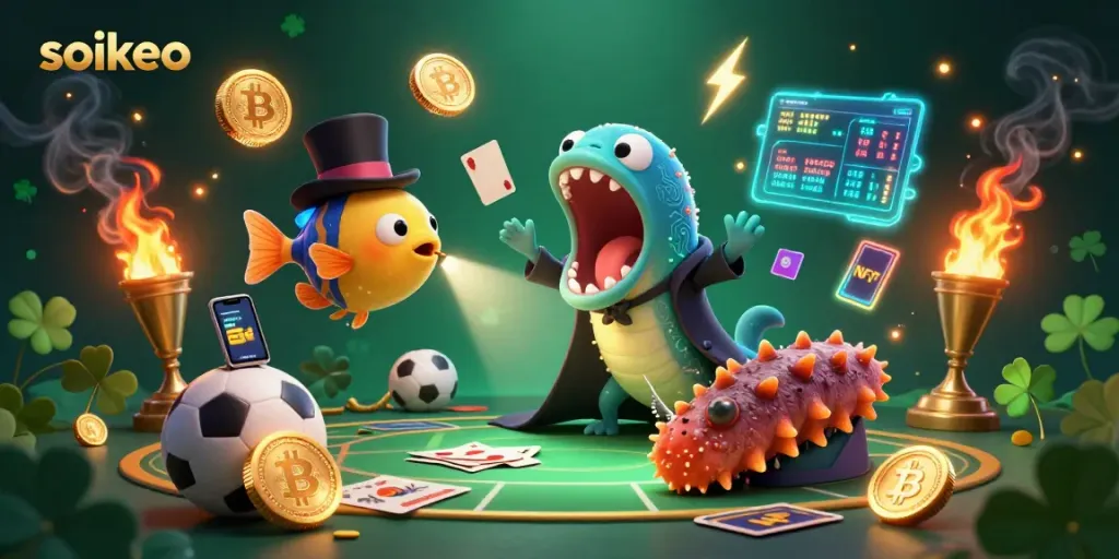 Engage with the vibrant soikeo sports betting scene featuring a bioluminescent eel performing card tricks amidst neon crypto elements.