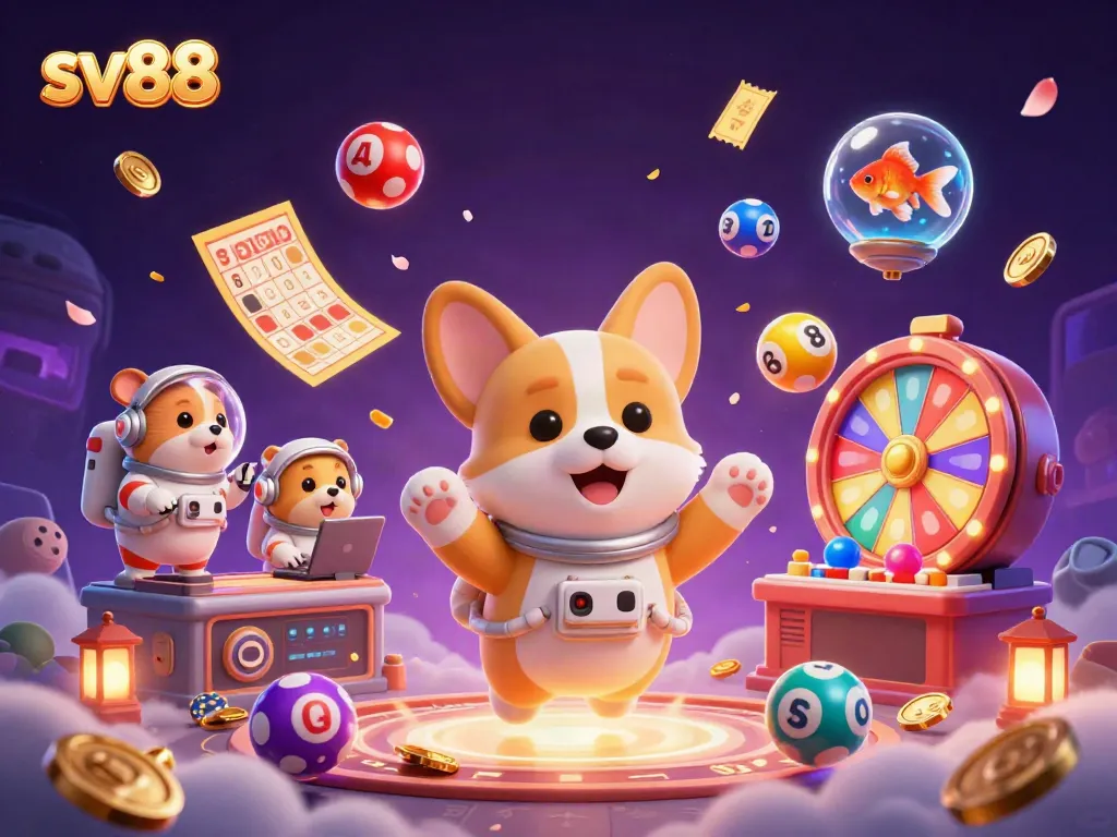 Engage with SV88 in an animated casino cosmos filled with drifting poker chips and lottery balls.