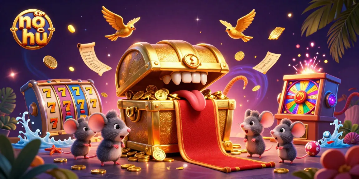 Engage in nổ hũ excitement with intricate slot elements, treasure chests, and vibrant casino imagery.