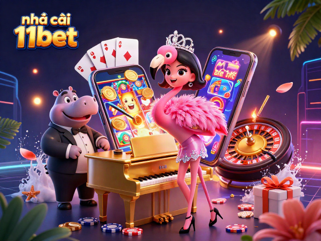 Join the fun at nhà cái 11bet with a vibrant casino scene featuring slot games and lively characters!