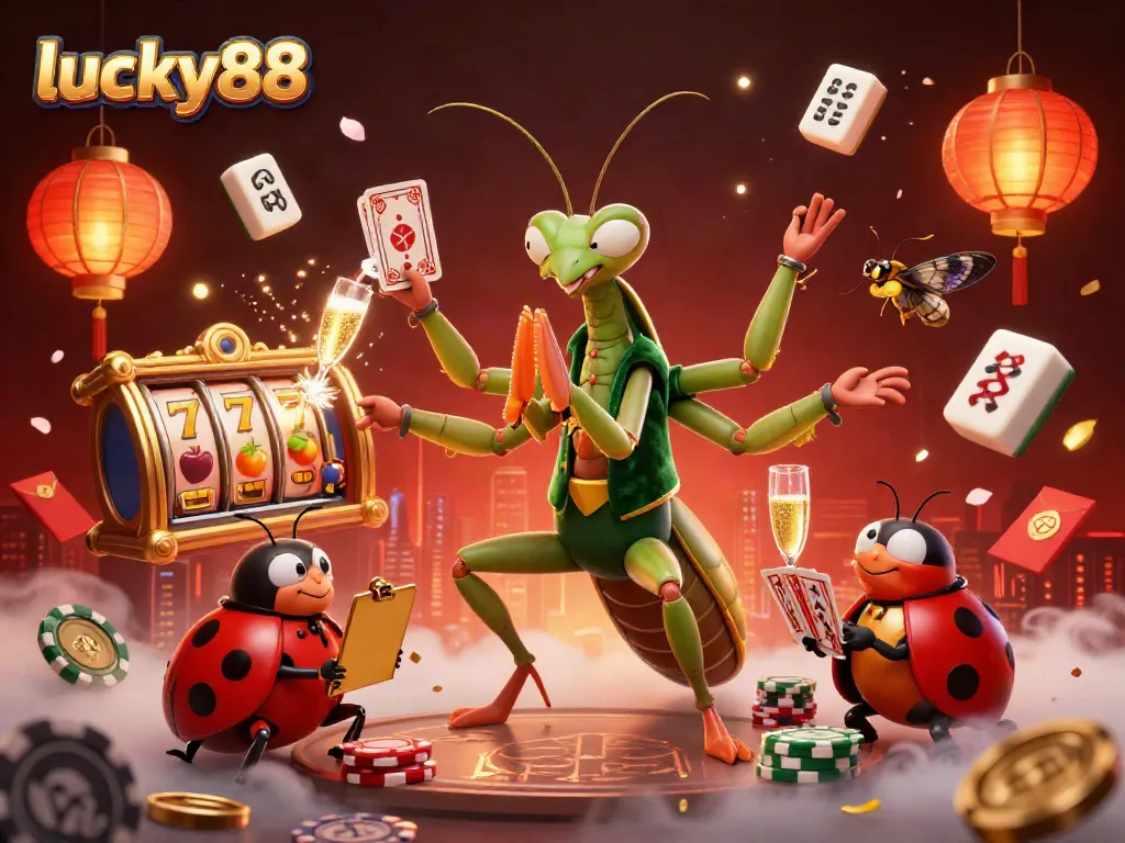 Engage with lucky88 in a vibrant 3D casino scene featuring exciting slots, festive lanterns, and dynamic celebrations.