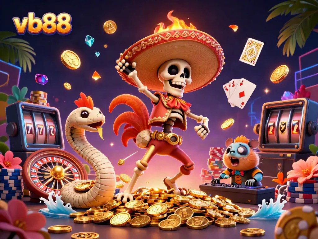 Celebrate big wins with vb88 in a vibrant casino scene featuring a dancing mariachi rooster and gold coins.