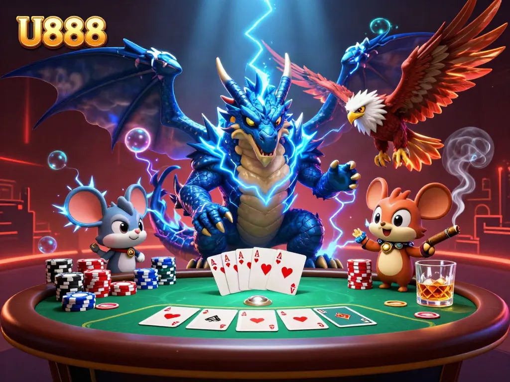 Experience the excitement of U888 with a dynamic 3D casino scene featuring mythical creatures and poker elements.