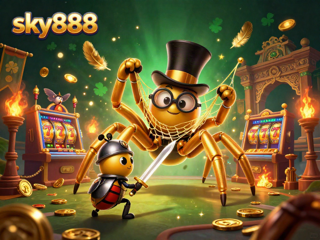 Engage in thrilling gameplay with sky888's lively 3D casino scene featuring a golden tarantula and colorful characters.