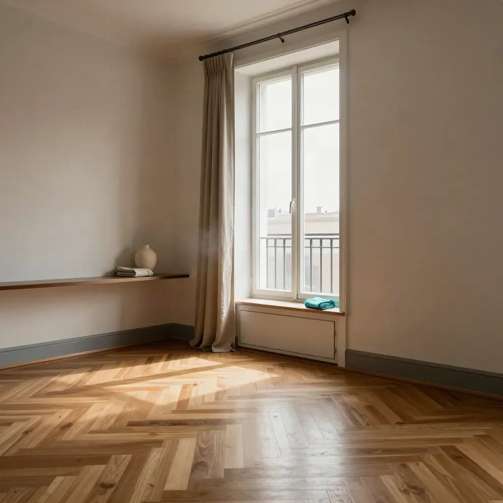 Prázdný obývák po hloubkovém úklidu s lesklou parketou a otevřeným balkonem