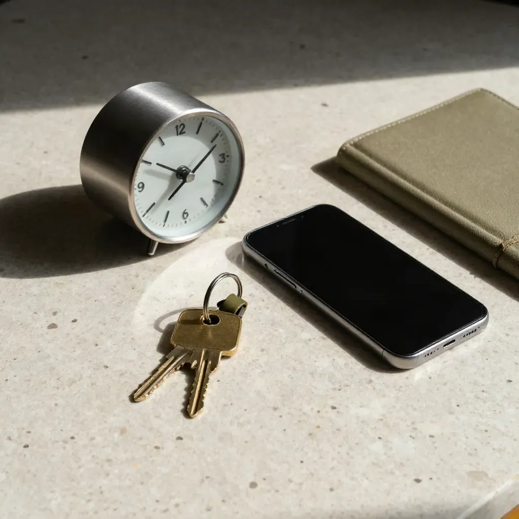 Smartphone, klíče, hodiny a zavřený zápisník na světlé kamenné pracovní desce.