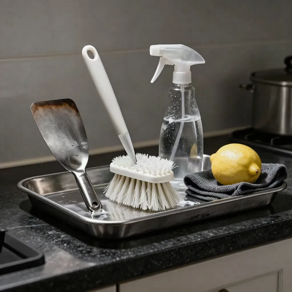 Čisticí nástroje na plechu: kartáč, škrabka, tryska a tmavá utěrka v citrusové mlze.