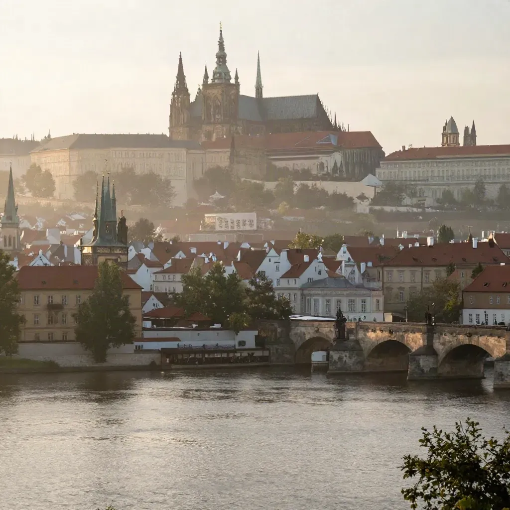 Pražský hrad a Vltava v mlze za úsvitu, široký pohled přes mosty a střechy.