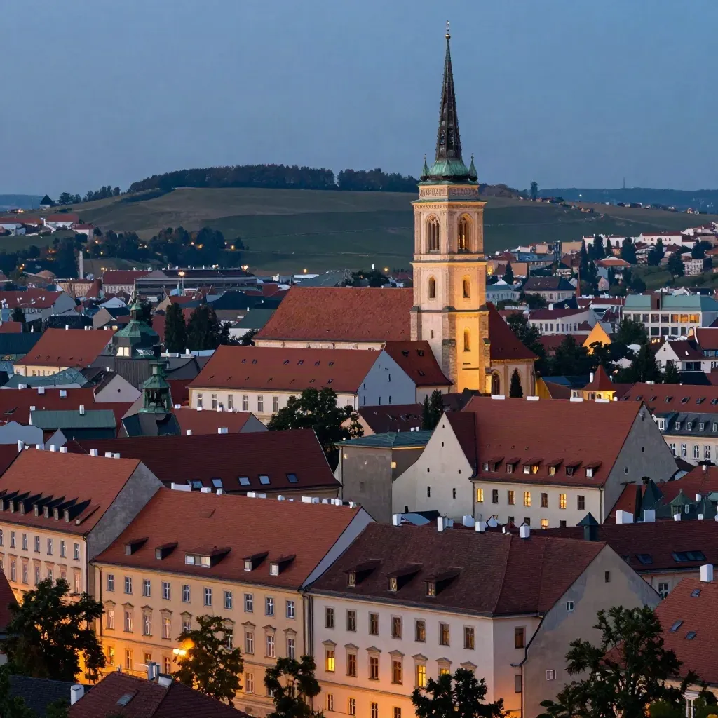 Brněnské panorama s Petrovem, střechami a večerním oparem nad jižní Moravou.