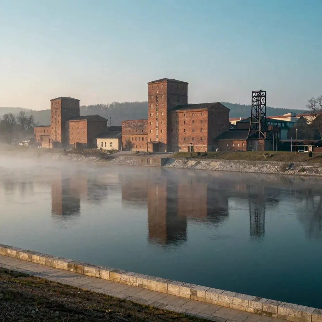 Mlhavé panorama Ostravy s říčním nábřežím, cihlovými továrnami a vzdálenými kopci.