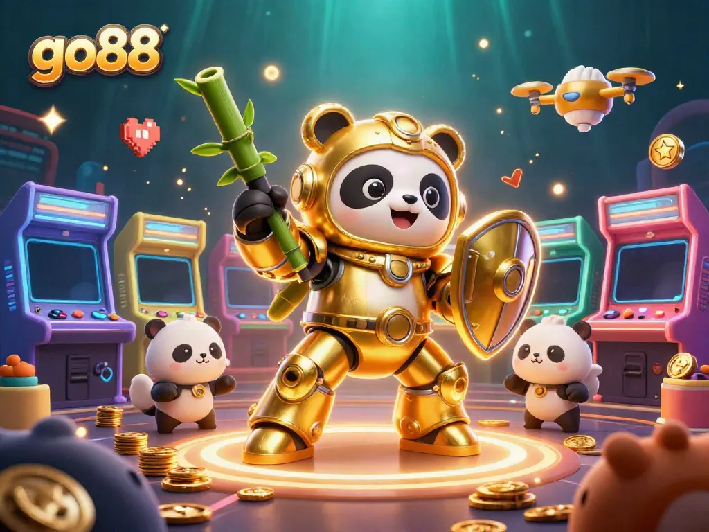 Experience go88 with a thrilling scene of a golden panda in a robot, showcasing popular casino games and arcade excitement