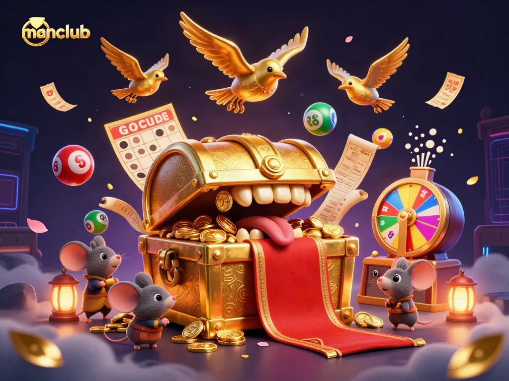 Engage in thrilling gaming at manclub with vibrant visuals of treasure and lottery elements.