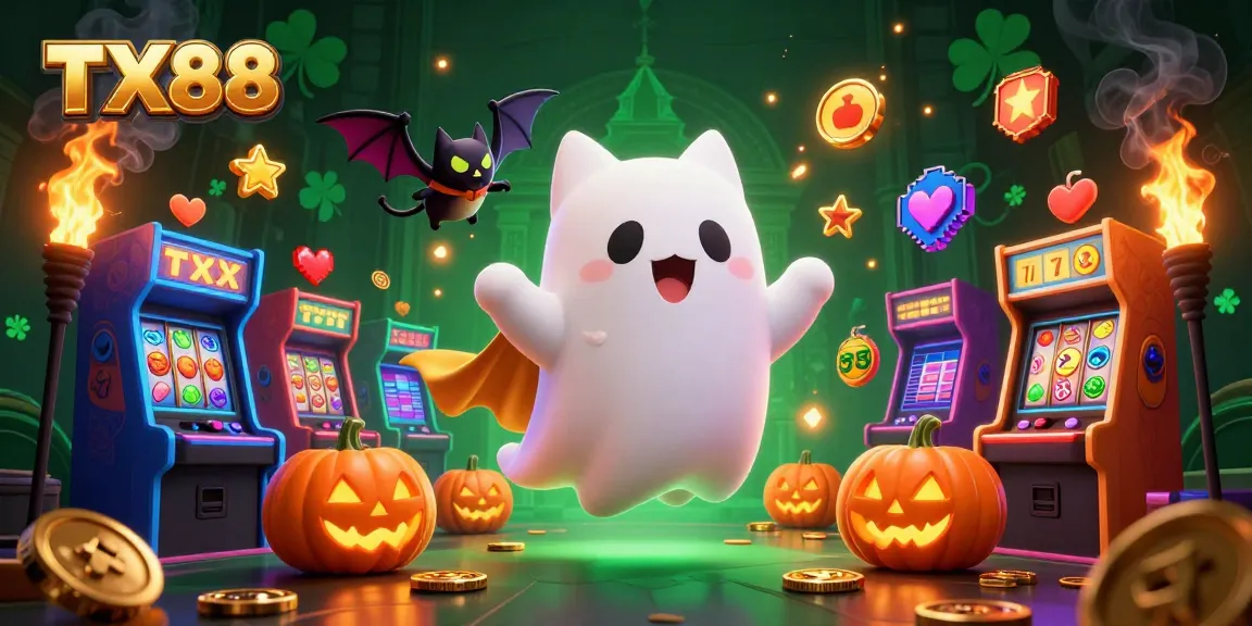 Experience TX88 entertainment with a ghost cat and vampiric bat in a vibrant, haunted casino scene.