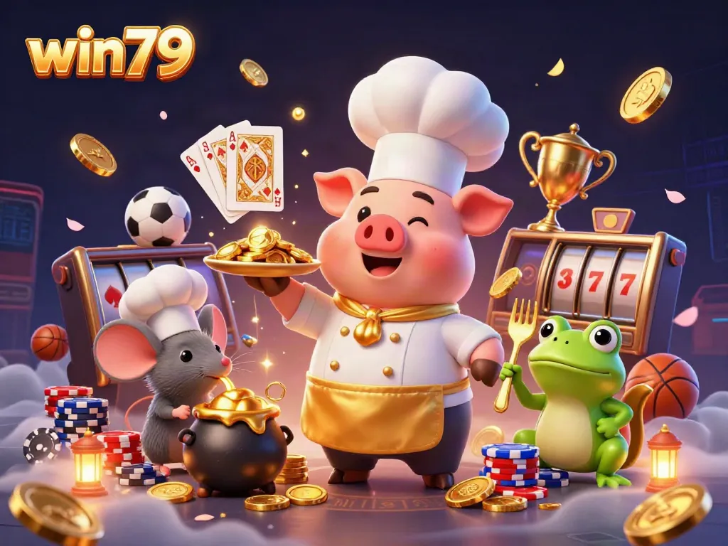 Win79 sports betting illustration featuring energetic characters with gold coins and vibrant game elements