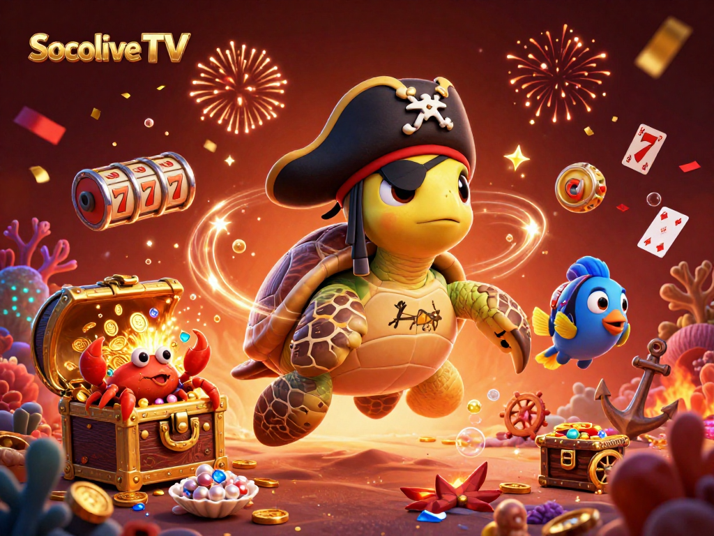 Socolive TV showcases an exciting pirate-themed casino scene with vibrant characters and rich gaming elements.