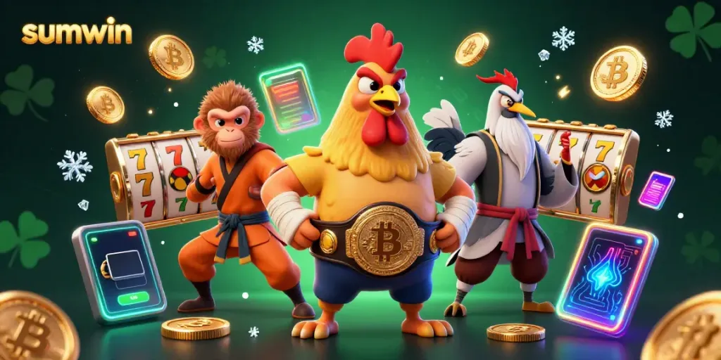 Experience exciting gaming at sumwin with a dynamic 3D casino illustration featuring vibrant characters and rich slot elements.