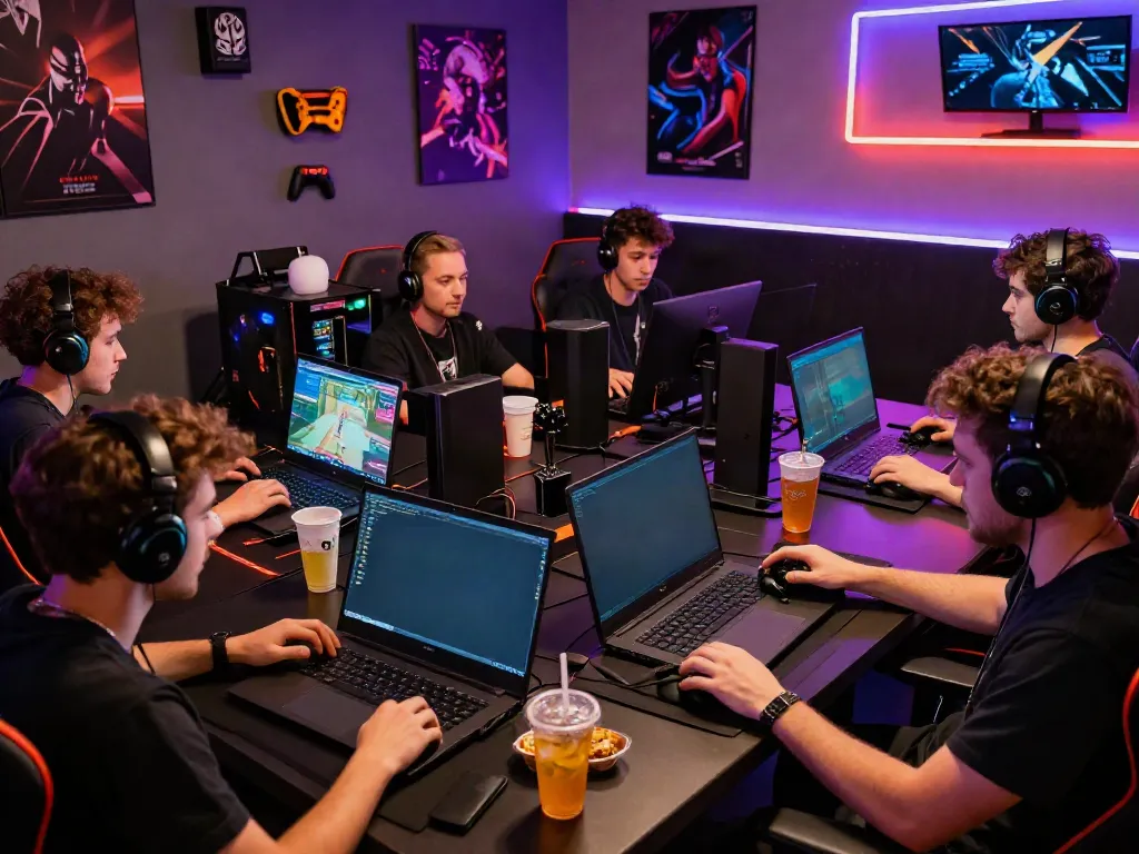 Engaged players at Manclub enjoying a vibrant gaming atmosphere with modern devices and social elements.