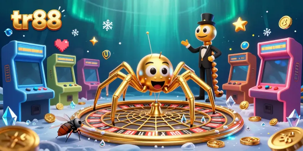 Experience thrilling gameplay at tr88, featuring a golden spider spinning a roulette wheel web.