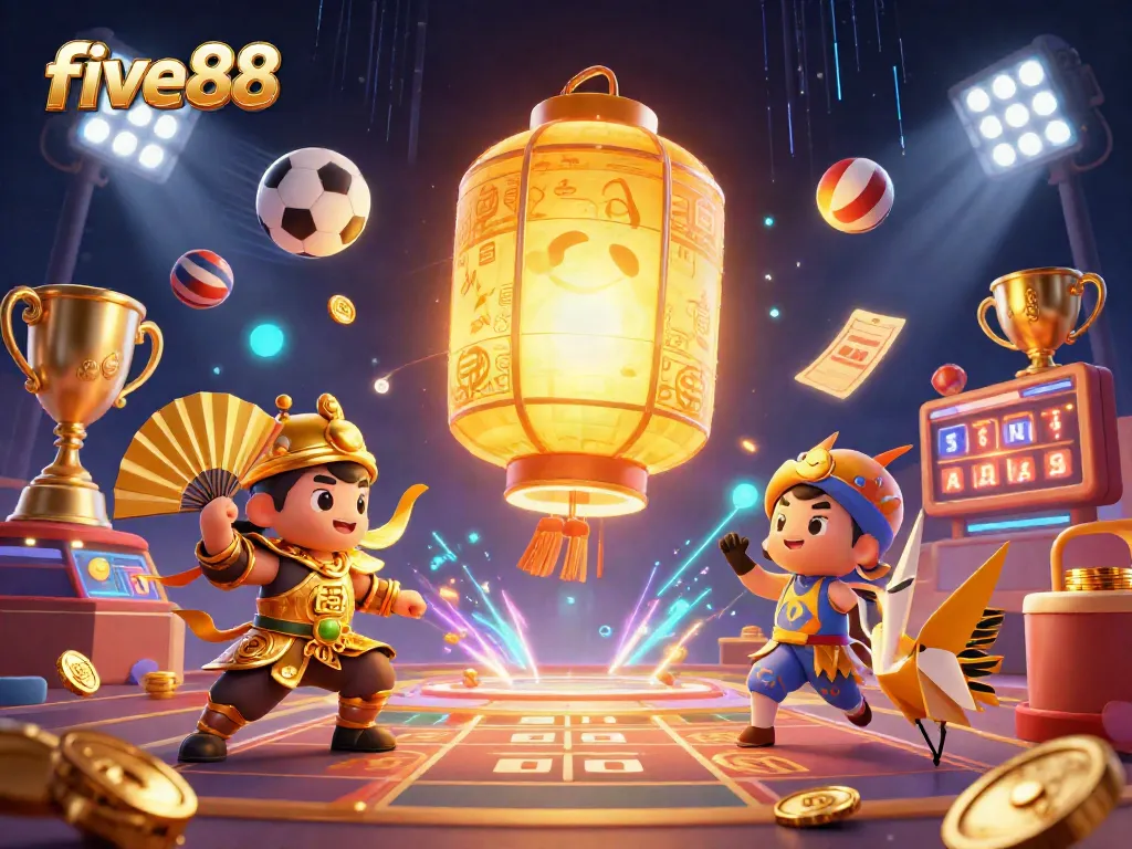 Experience five88's vibrant casino world with glowing lanterns, dynamic sports action, and dazzling gaming elements