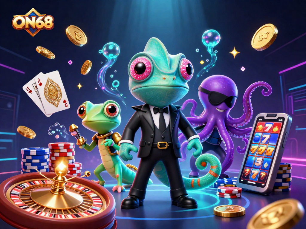 Engage with the ON68 casino adventure featuring a secret agent chameleon and a tech-savvy gecko amidst a shower of sparkling gems and cascading coins.