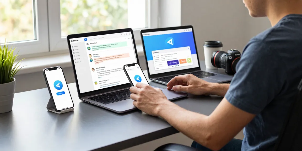 Download Telegram on multiple devices in a modern workspace.