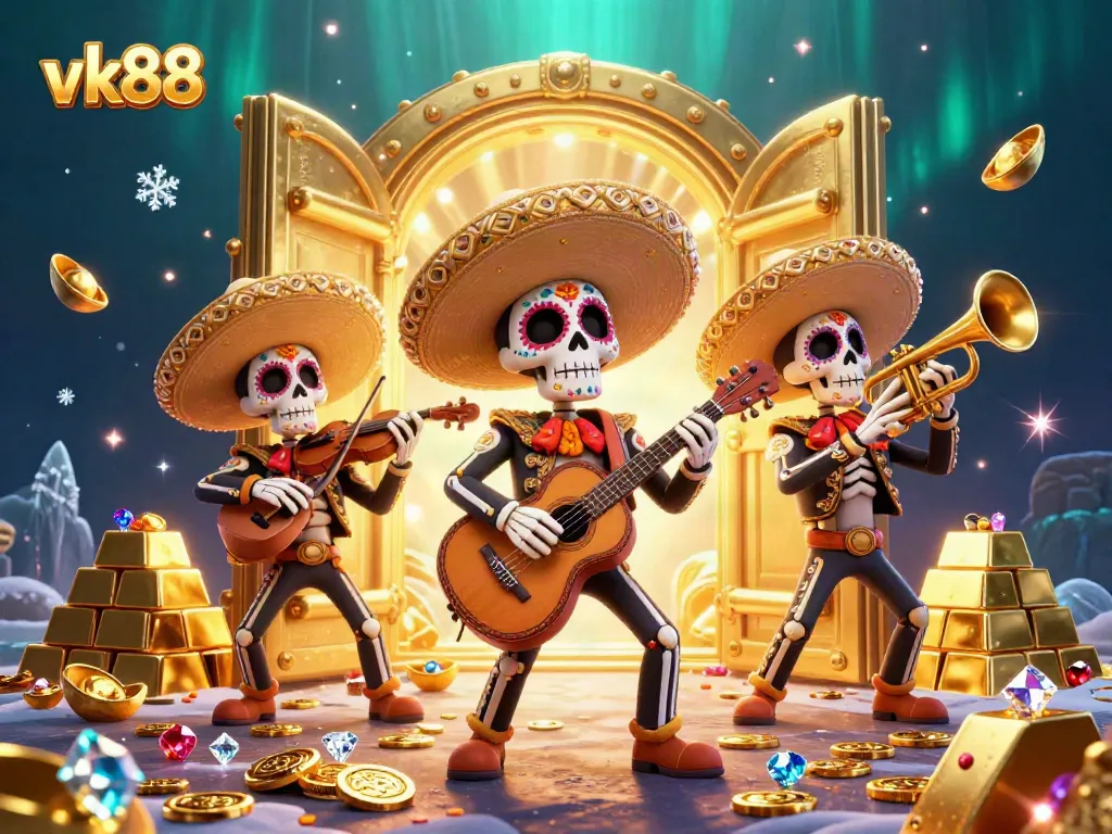 Experience vk88 with vibrant mariachi skeletons amidst treasure and gems in an immersive casino scene.