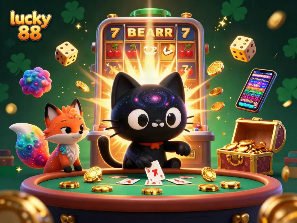 Engage in lucky 88 slots action amidst a colorful cosmic casino scene with animated characters.