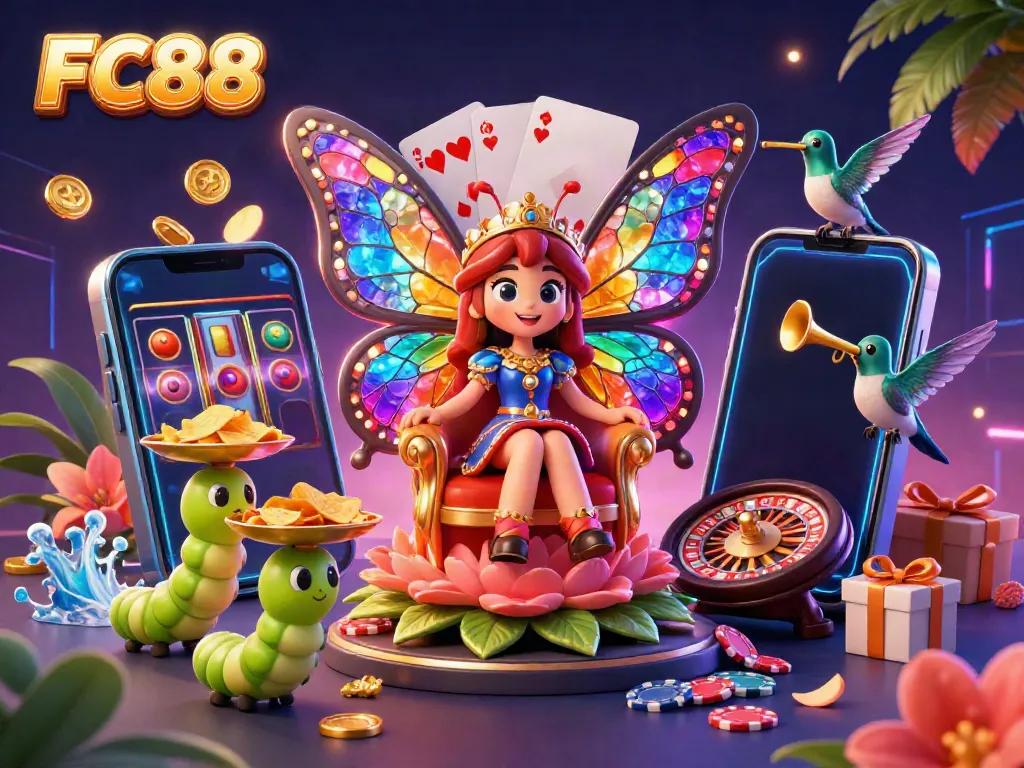 Engage with FC88 in a vibrant casino scene featuring a butterfly queen and interactive slot games.