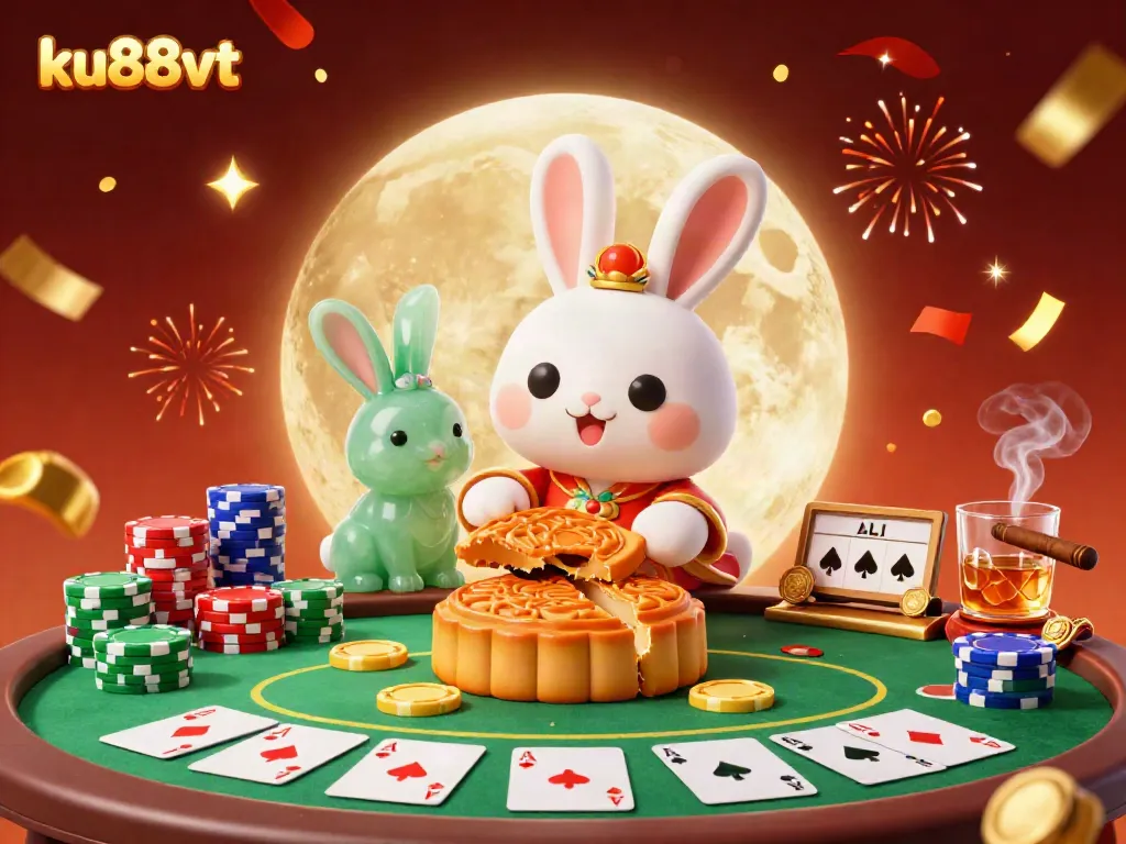 Experience the excitement of ku88vt with a lively 3D illustration featuring lucky moon creatures engaging in casino fun.