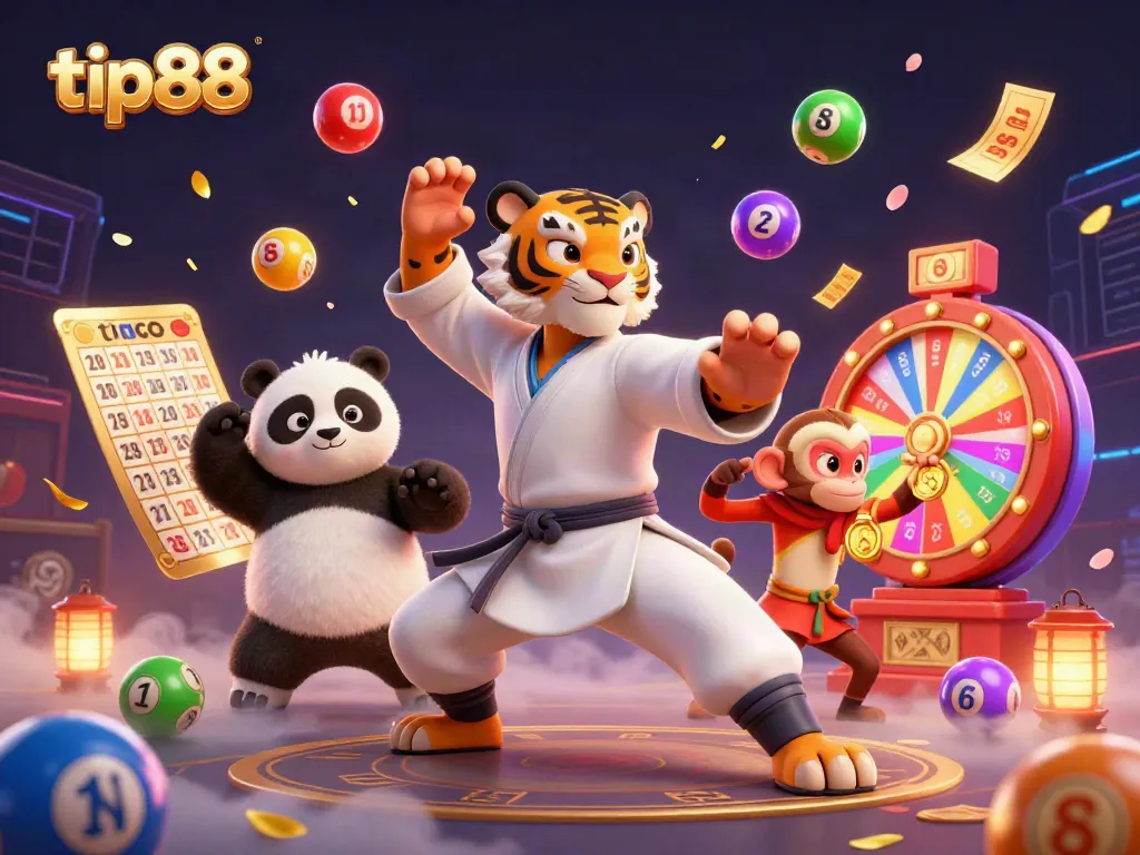 Engage with tip88's vibrant casino experience featuring a kung fu tiger, panda, and monkey in a dynamic and colorful setting.