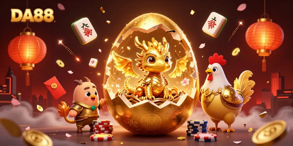 Engage with DA88: A vibrant 3D illustration capturing poker excitement with a golden dragon and dynamic casino elements.