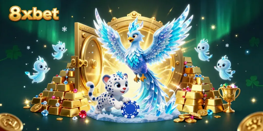 Experience the vibrant gaming world of 8xbet with an enchanting scene featuring a 3D ice phoenix and treasure elements.