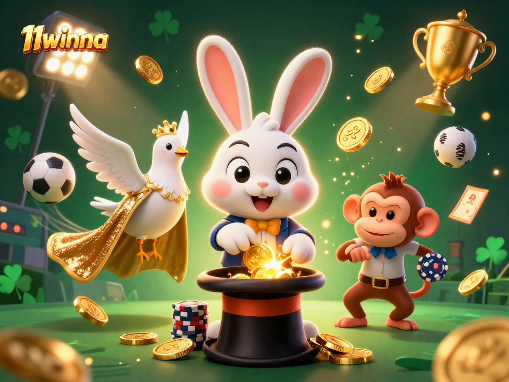 Engage in thrilling games at 11winna with cartoon characters, golden coins, and sports elements.