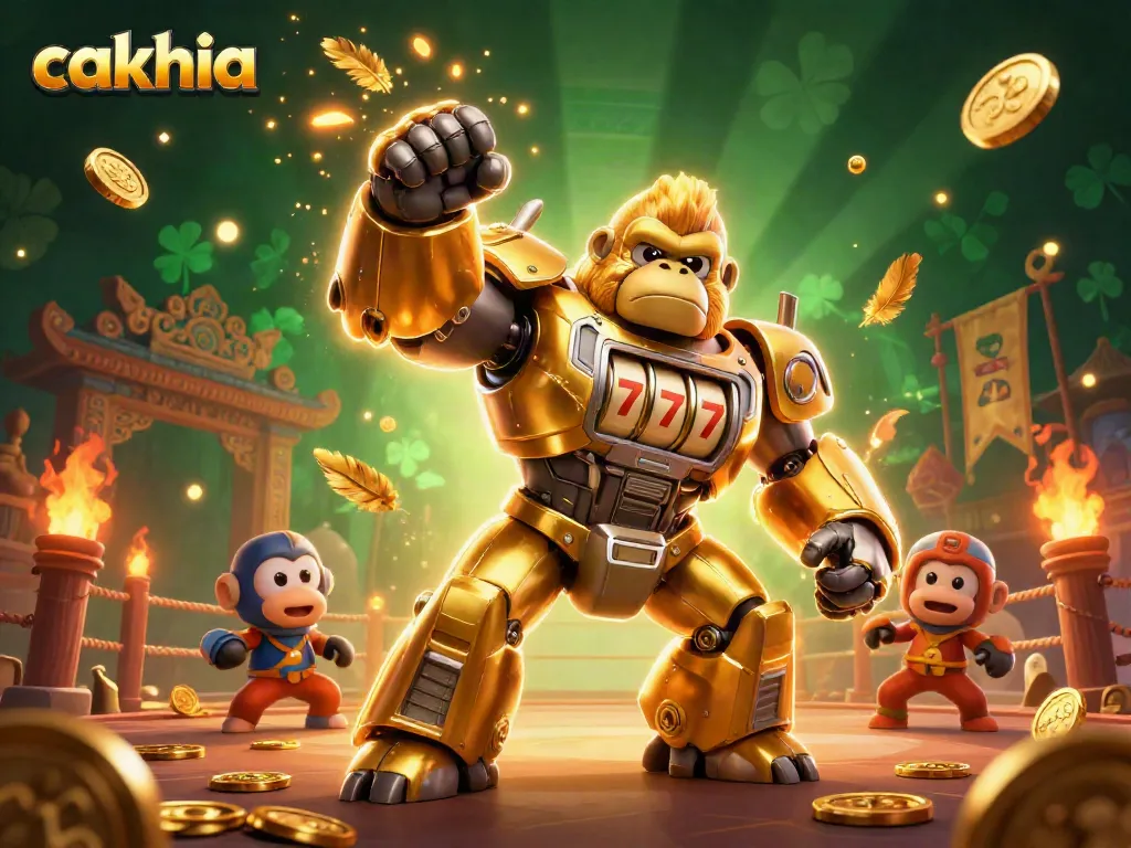Cakhia offers an exciting gaming experience with a vibrant slot machine-themed gorilla mech ready to strike.