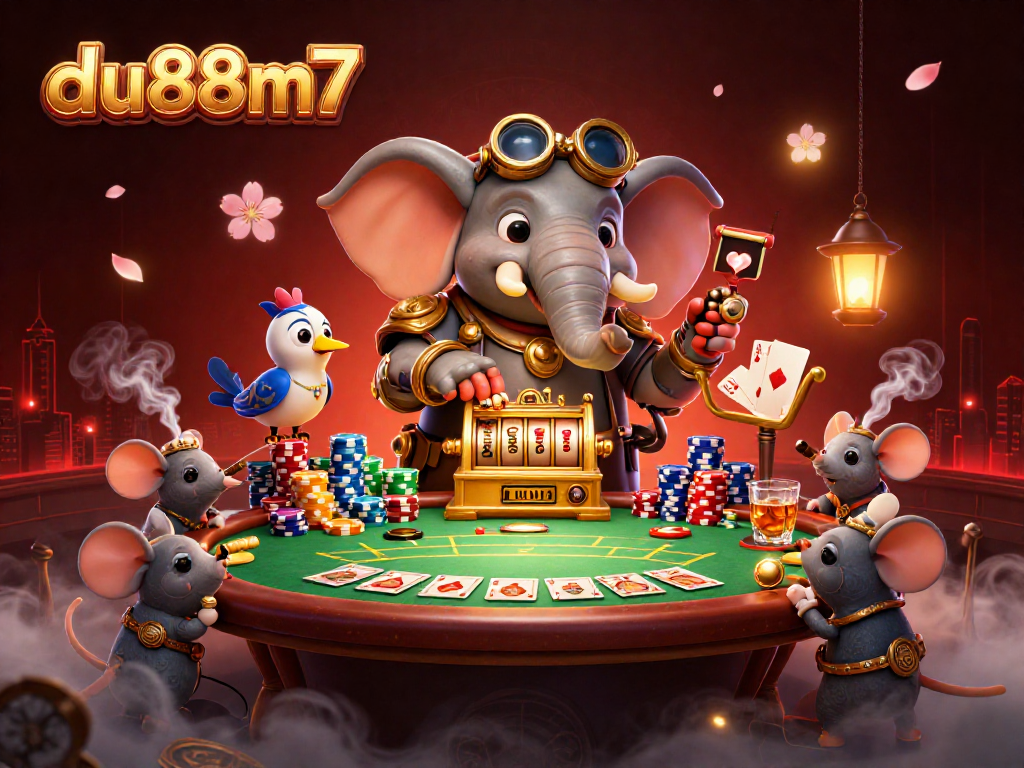 Engage with the du88m7 casino scene featuring a steampunk elephant and golden slot activities.