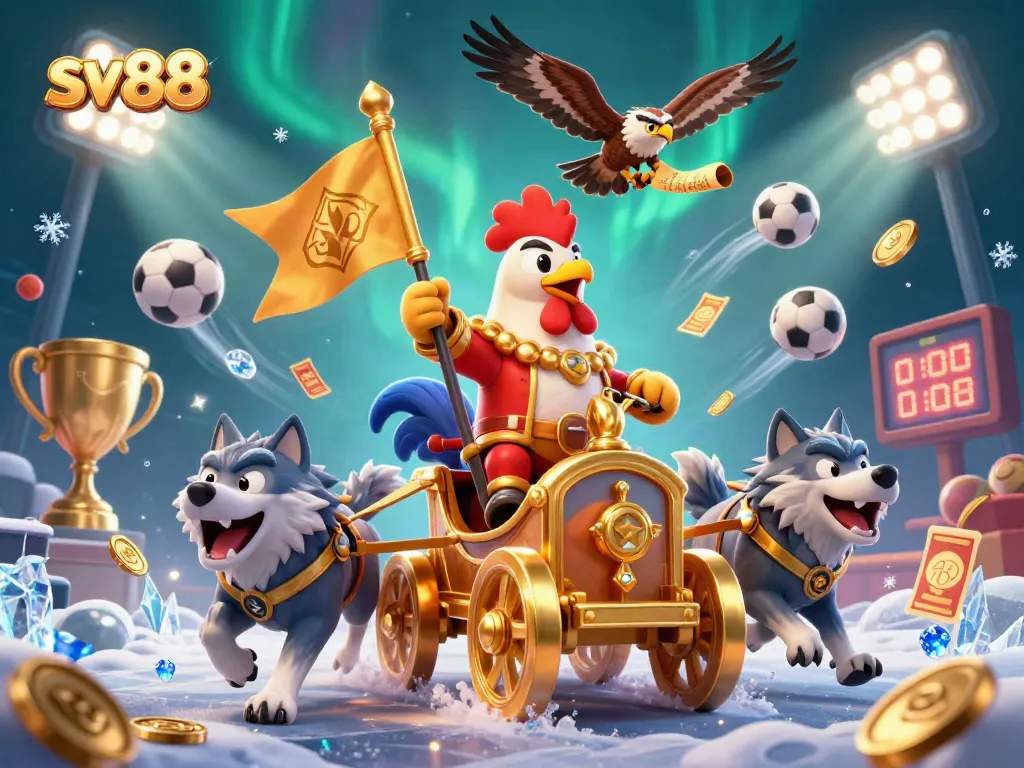 Engage in thrilling sports betting with sv88 as a rooster warlord leads the adventure in this dynamic casino scene.