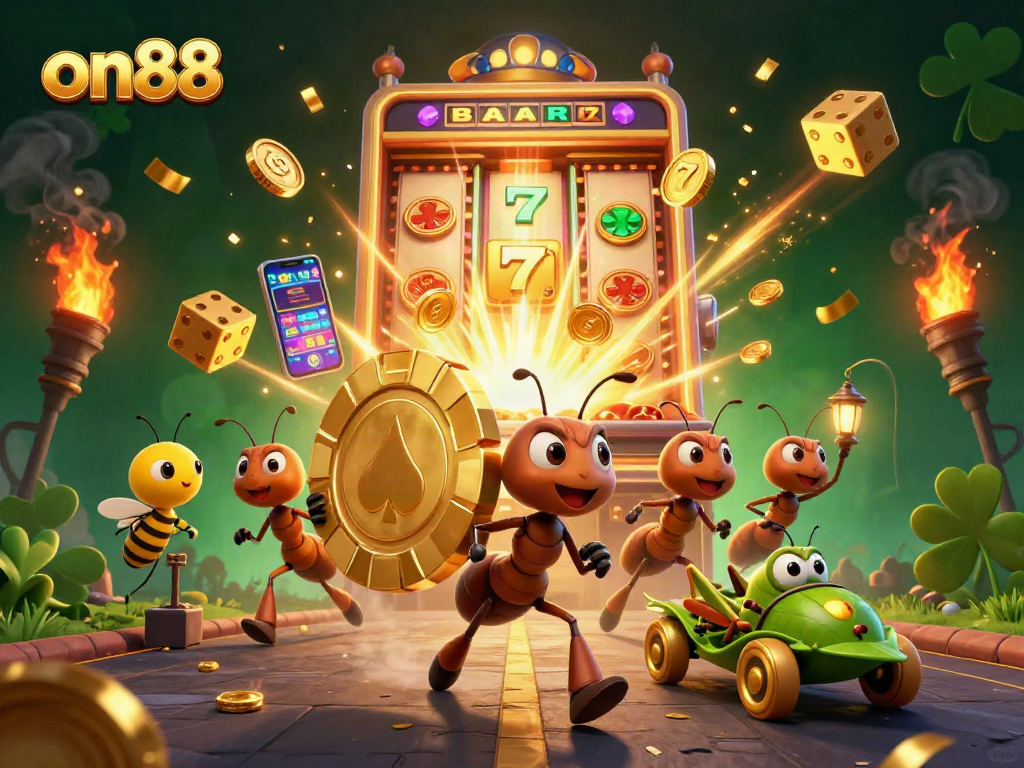 Experience on88's thrilling casino scene with ants in a heist, jackpot slots, and vibrant game elements.