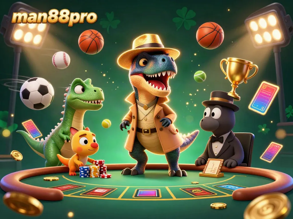 Experience thrilling gameplay at man88pro with a cartoon velociraptor card counter surrounded by dynamic sports elements.