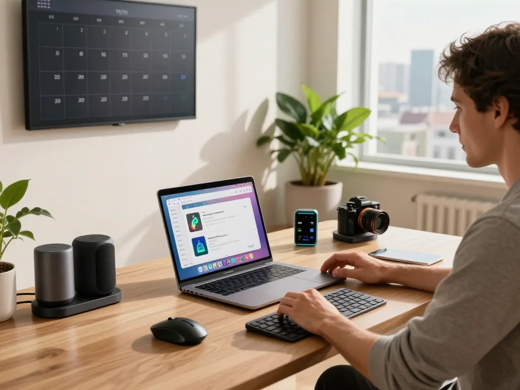 Innovative tech gadgets for productivity in a modern home office setting, featuring wireless keyboard and ergonomic mouse.
