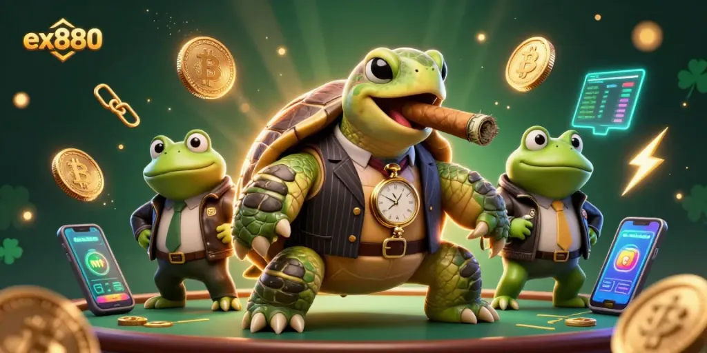 Engage with the thrilling ex880 scene, featuring a mobster turtle and bullfrog enforcers in a lively crypto casino atmosphere.