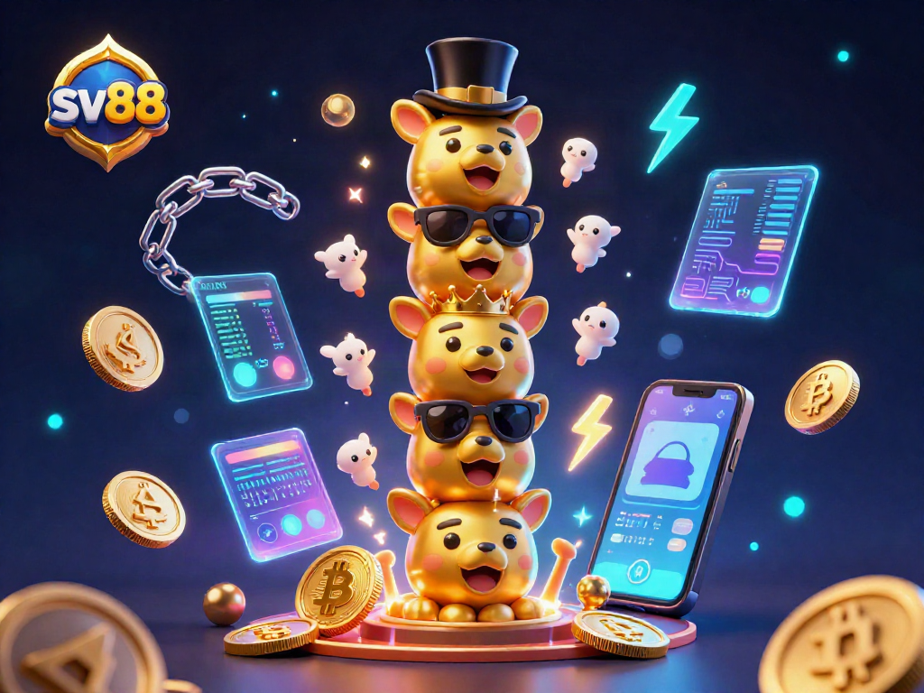 Play dynamic casino games at sv88 featuring a vibrant 3D totem pole, crypto coins, and neon elements